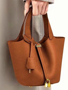 Brown Vegan Leather Tote with Gold Accent
